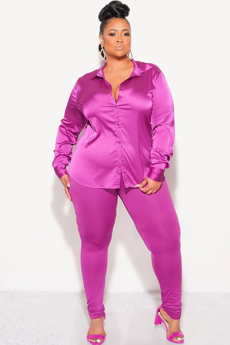 Final Sale Plus Size 2pc Button Up Collar Satin Top and Pants Set in Berry Water Repellent Coating Lightweight Design
