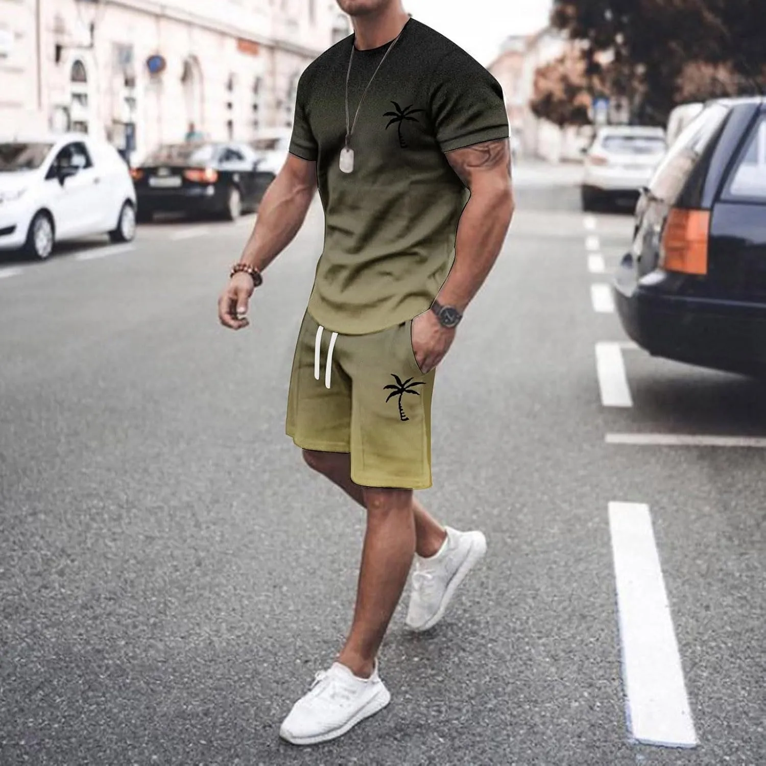 Track Suits for Men Set Short Sleeve Coconut Tree Print Gradient Shirt and Shorts 2 Piece Outfits Summer Casual Workout Sets