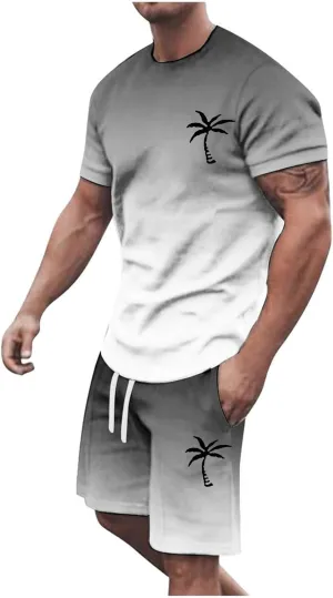 Track Suits for Men Set Short Sleeve Coconut Tree Print Gradient Shirt and Shorts 2 Piece Outfits Summer Casual Workout Sets