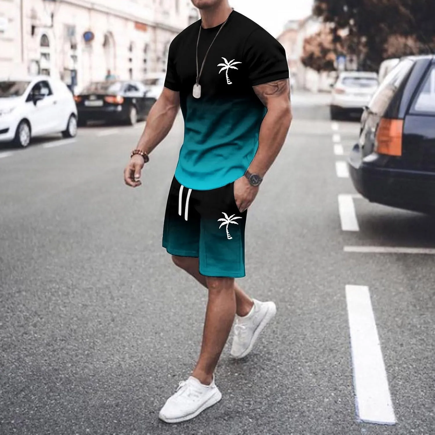 Track Suits for Men Set Short Sleeve Coconut Tree Print Gradient Shirt and Shorts 2 Piece Outfits Summer Casual Workout Sets