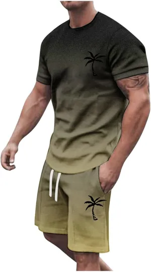 Track Suits for Men Set Short Sleeve Coconut Tree Print Gradient Shirt and Shorts 2 Piece Outfits Summer Casual Workout Sets