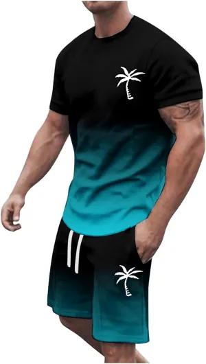 Track Suits for Men Set Short Sleeve Coconut Tree Print Gradient Shirt and Shorts 2 Piece Outfits Summer Casual Workout Sets