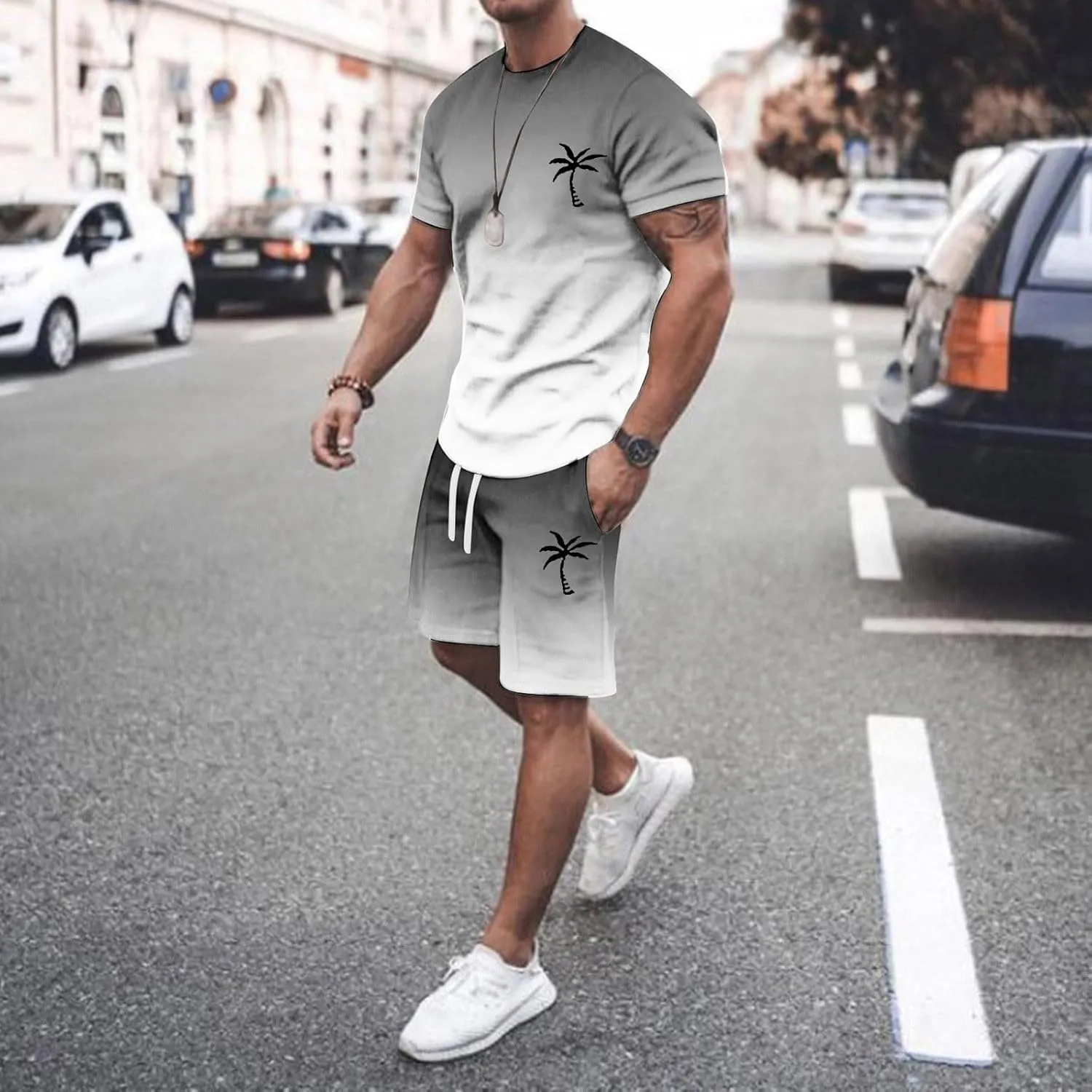 Track Suits for Men Set Short Sleeve Coconut Tree Print Gradient Shirt and Shorts 2 Piece Outfits Summer Casual Workout Sets
