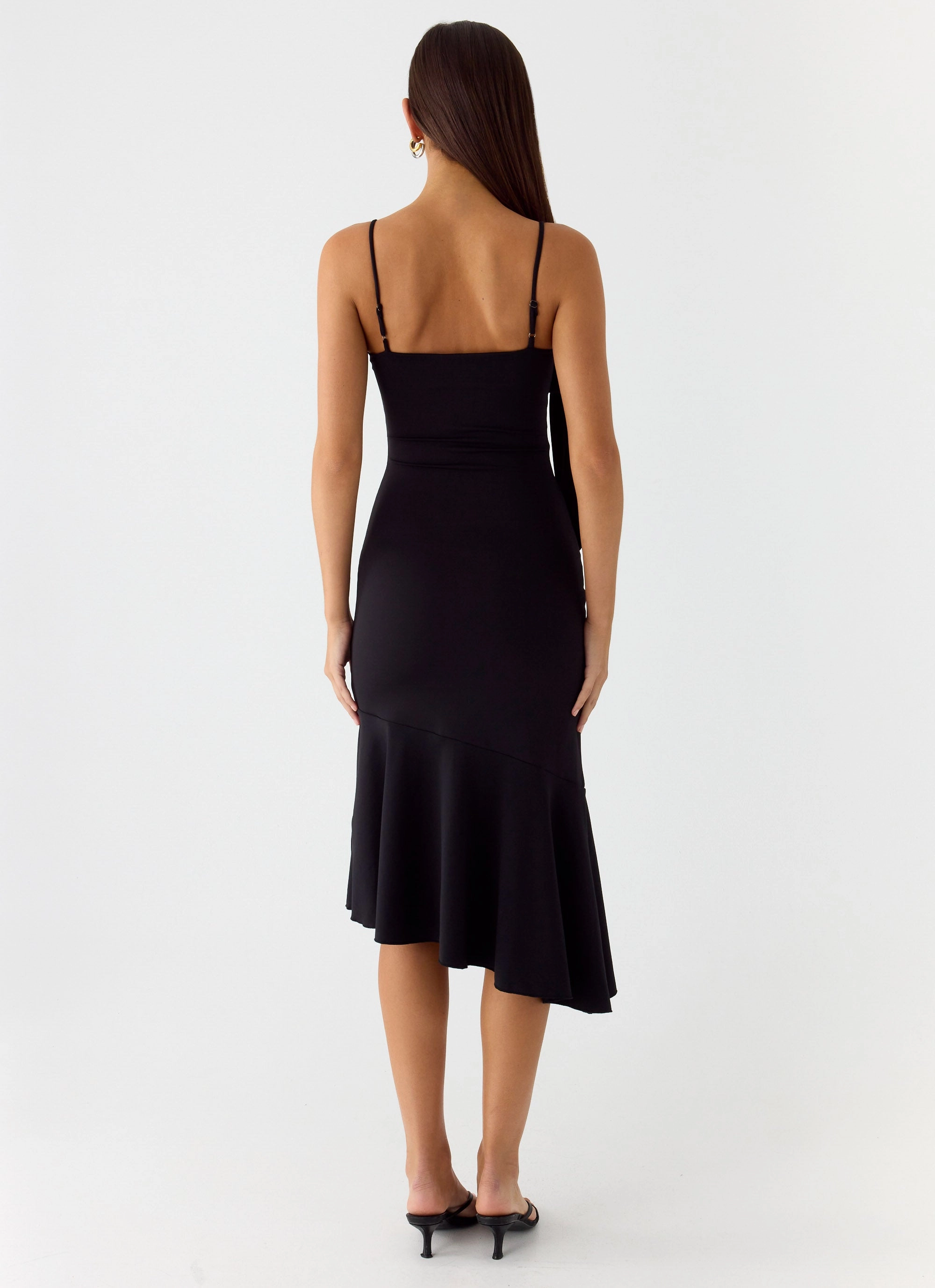 French Vibe Cut-Out-Detail Tranquility Asymmetric Midi Dress - Black