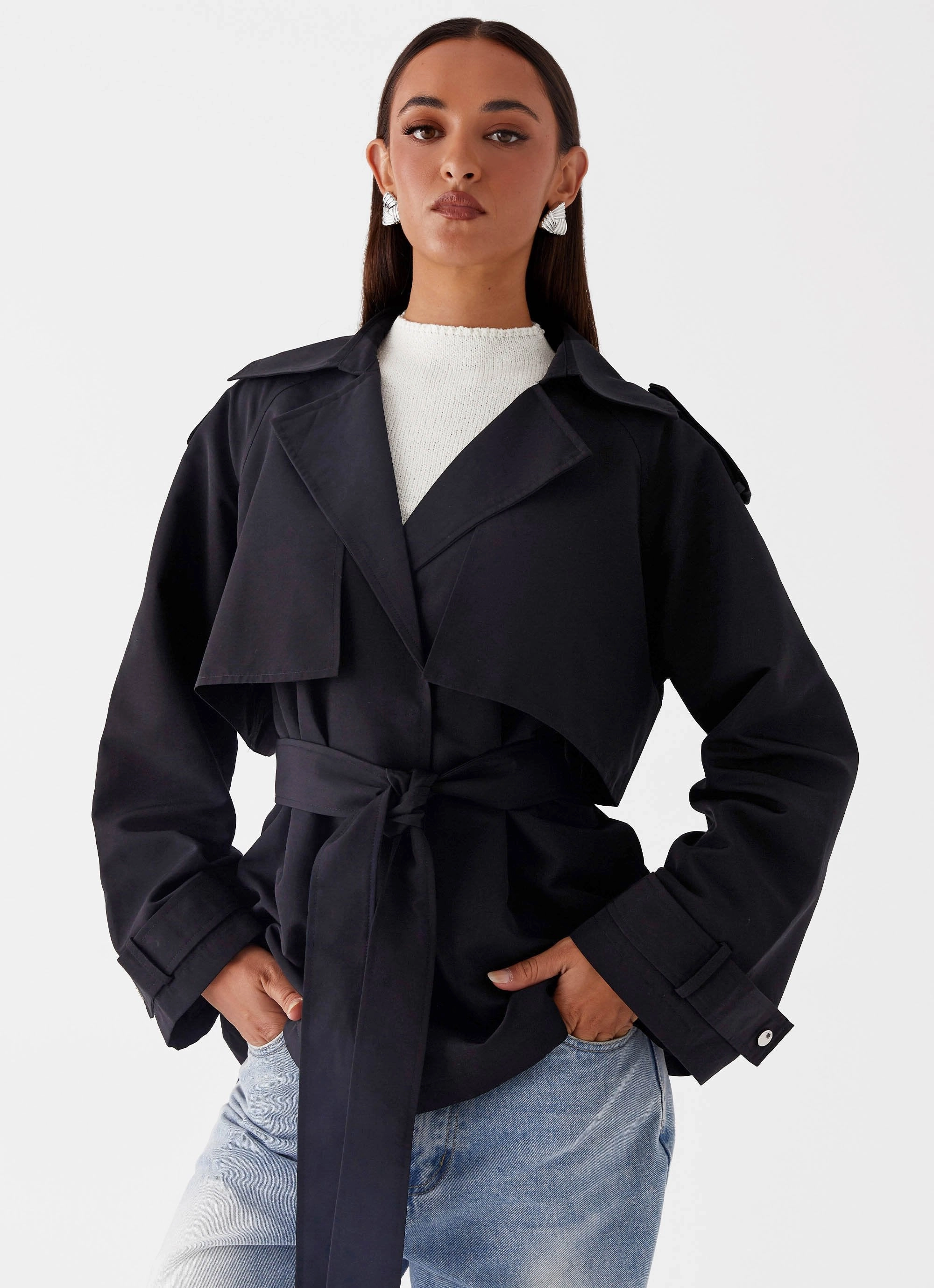 Airtight Seam Sealing Windproof Thermal Shell Ace Of Spades Cropped Trench Coat - Black