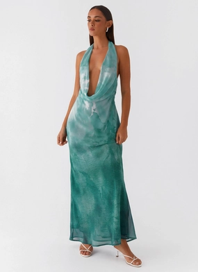 Matte Look Nerissa Cowl Neck Maxi Dress - Green Tie Dye