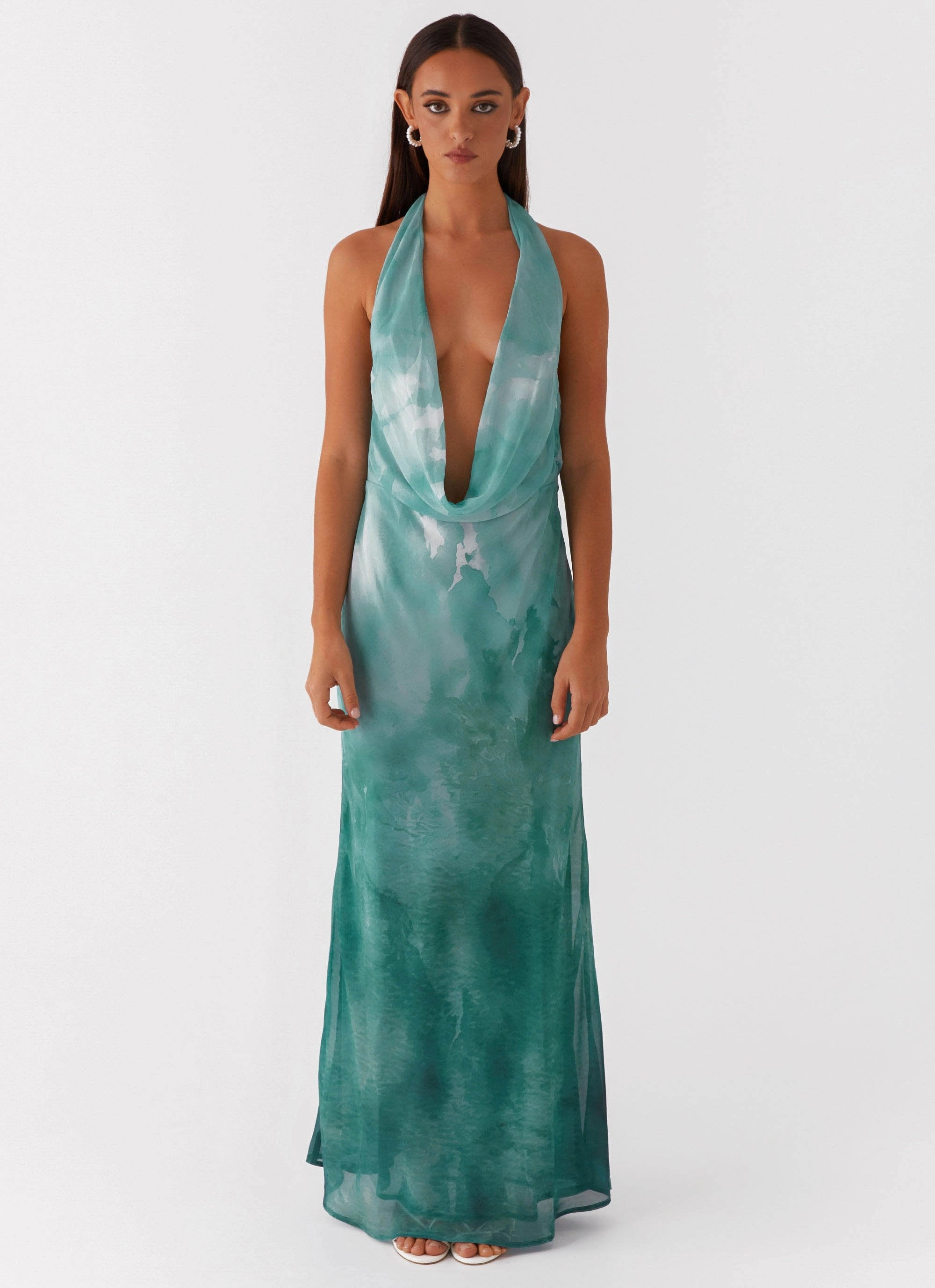 Silk Shine Nerissa Cowl Neck Maxi Dress - Green Tie Dye