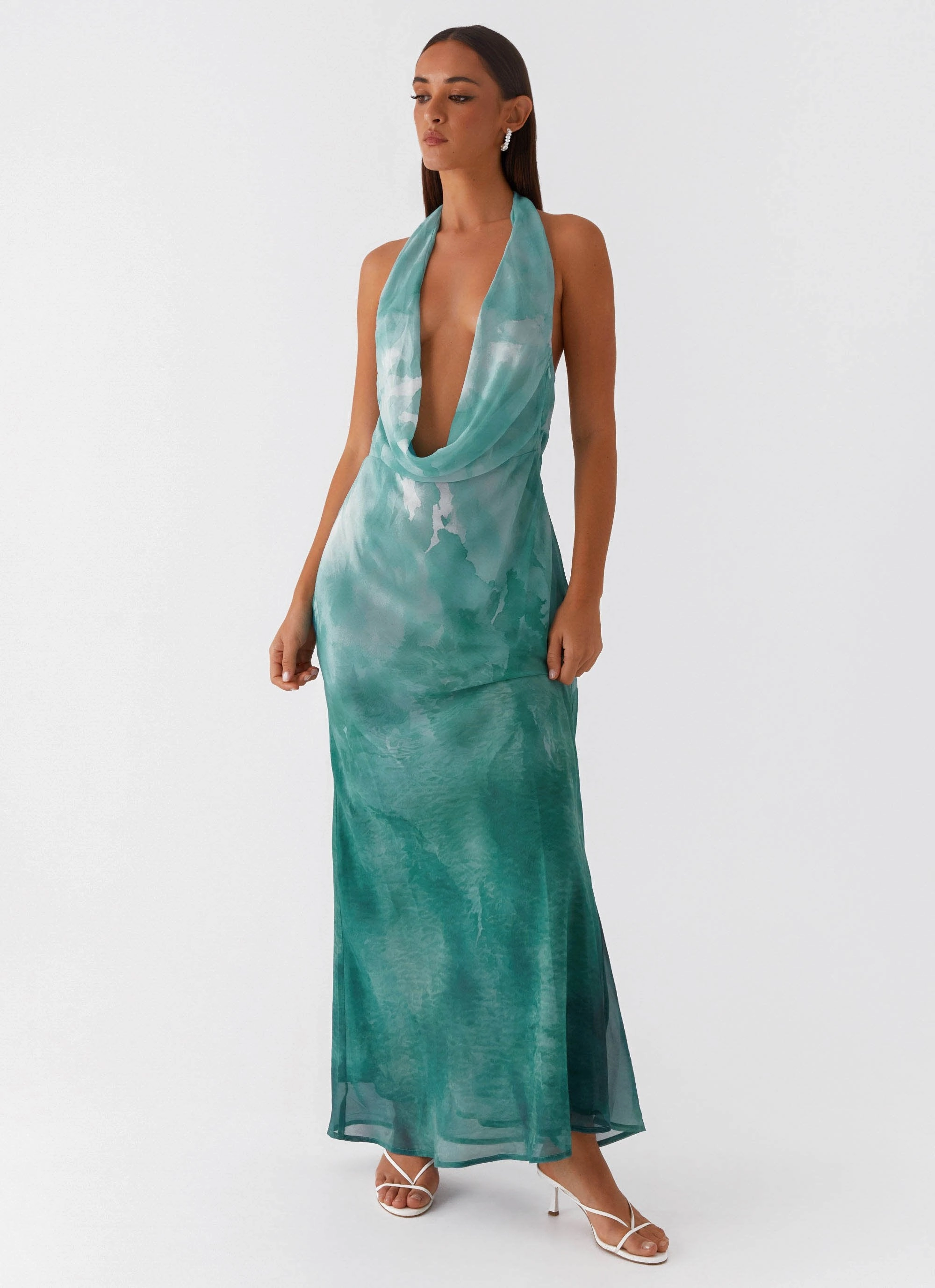 Matte Look Nerissa Cowl Neck Maxi Dress - Green Tie Dye