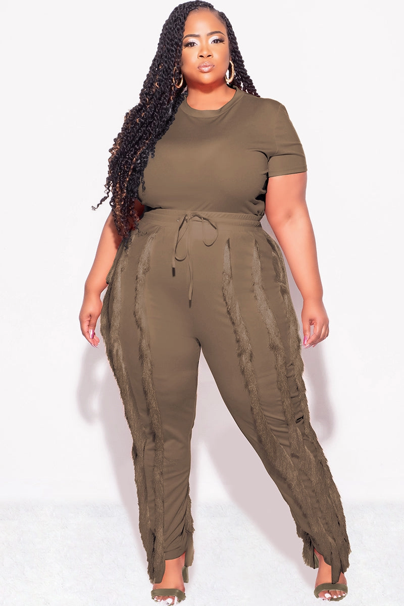 AdjustableTabs Final Sale Plus Size 2pc Tassel Pant Set in Mocha