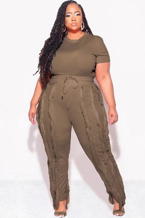 AdjustableTabs Final Sale Plus Size 2pc Tassel Pant Set in Mocha