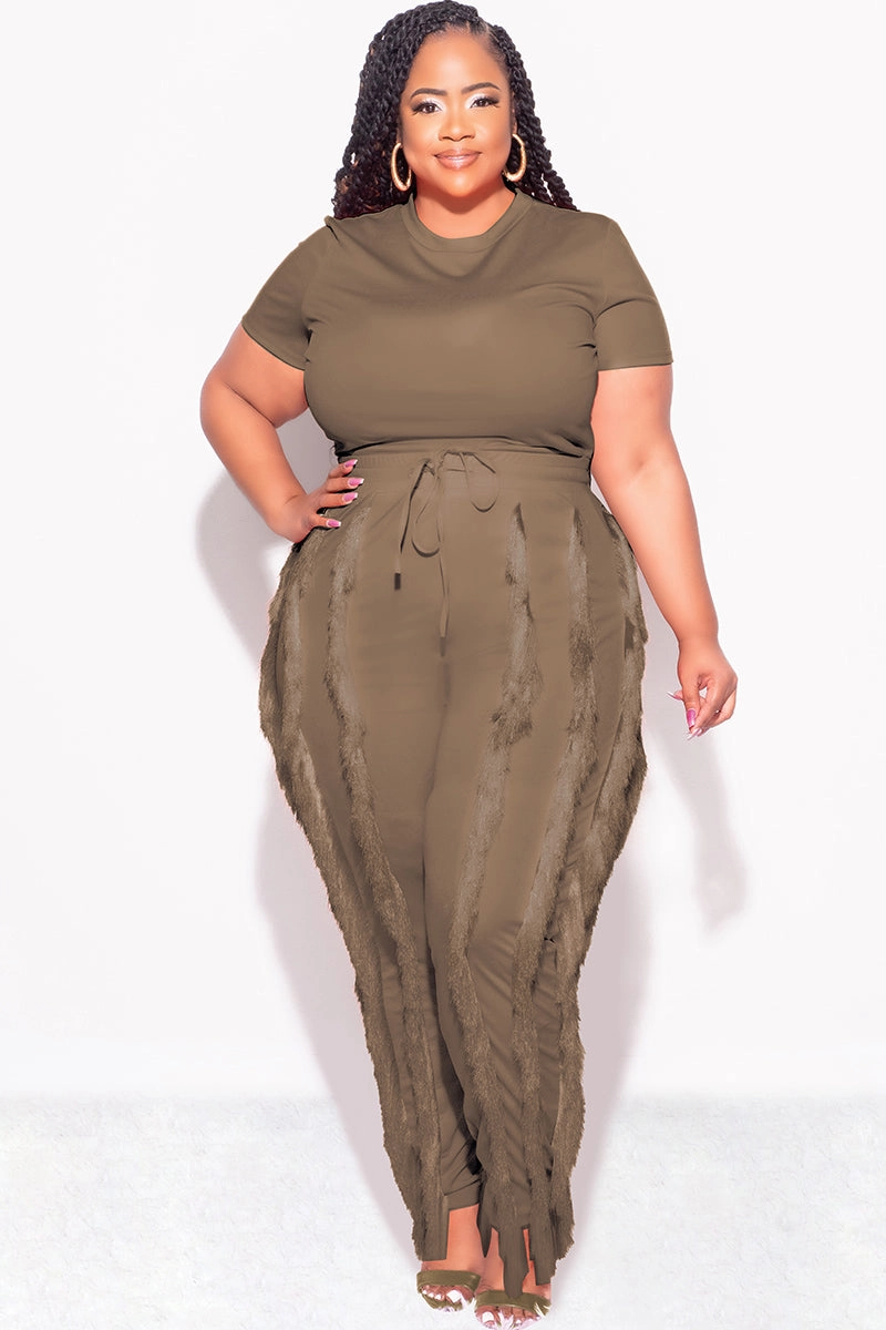 Linen blend Classic Comfort Final Sale Plus Size 2pc Tassel Pant Set in Mocha