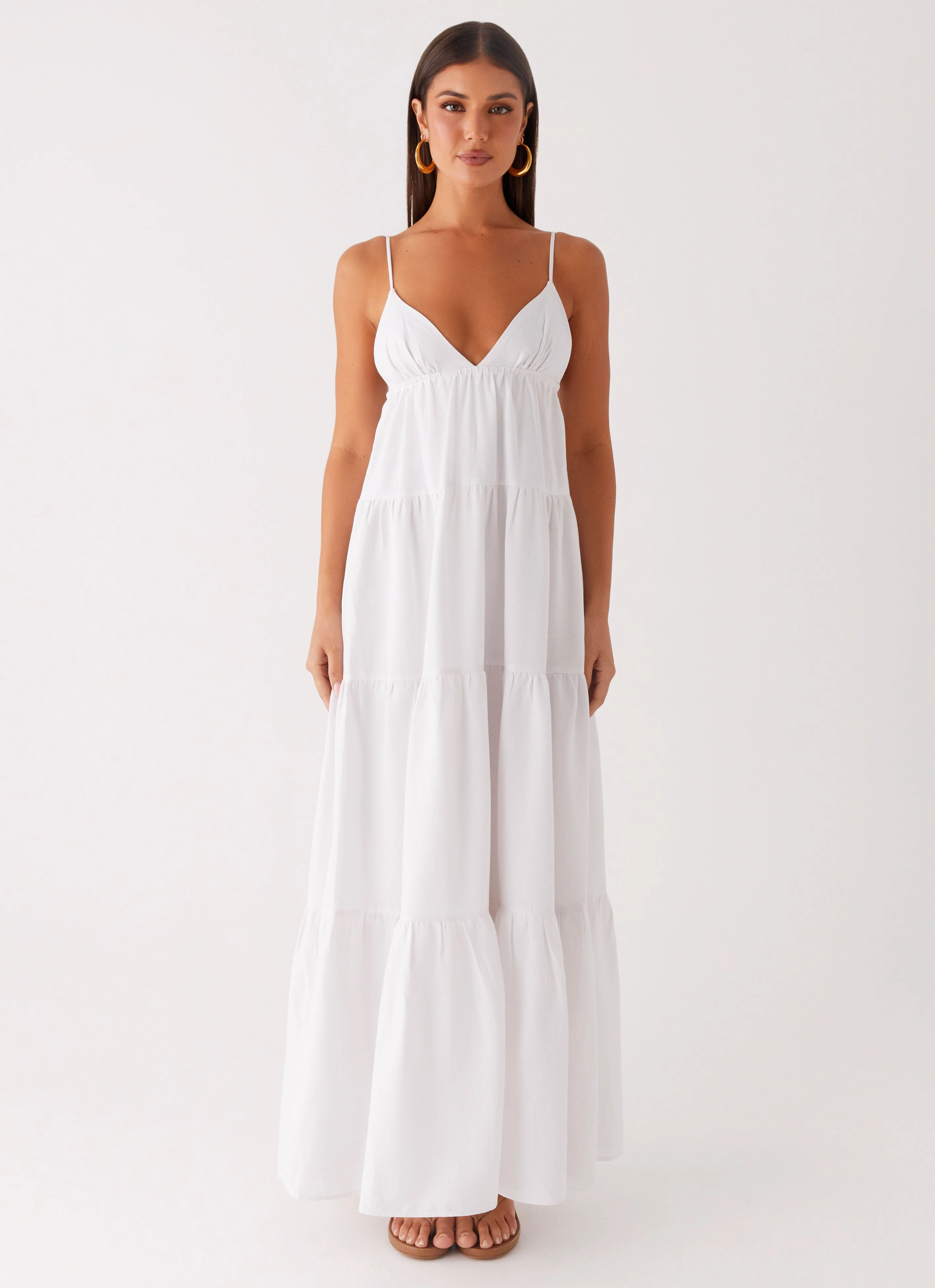 Lotty Linen Maxi Dress - White Cotton-Blend Flattering Lines