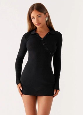Shiny Zip Off Duty Polo Dress - Black