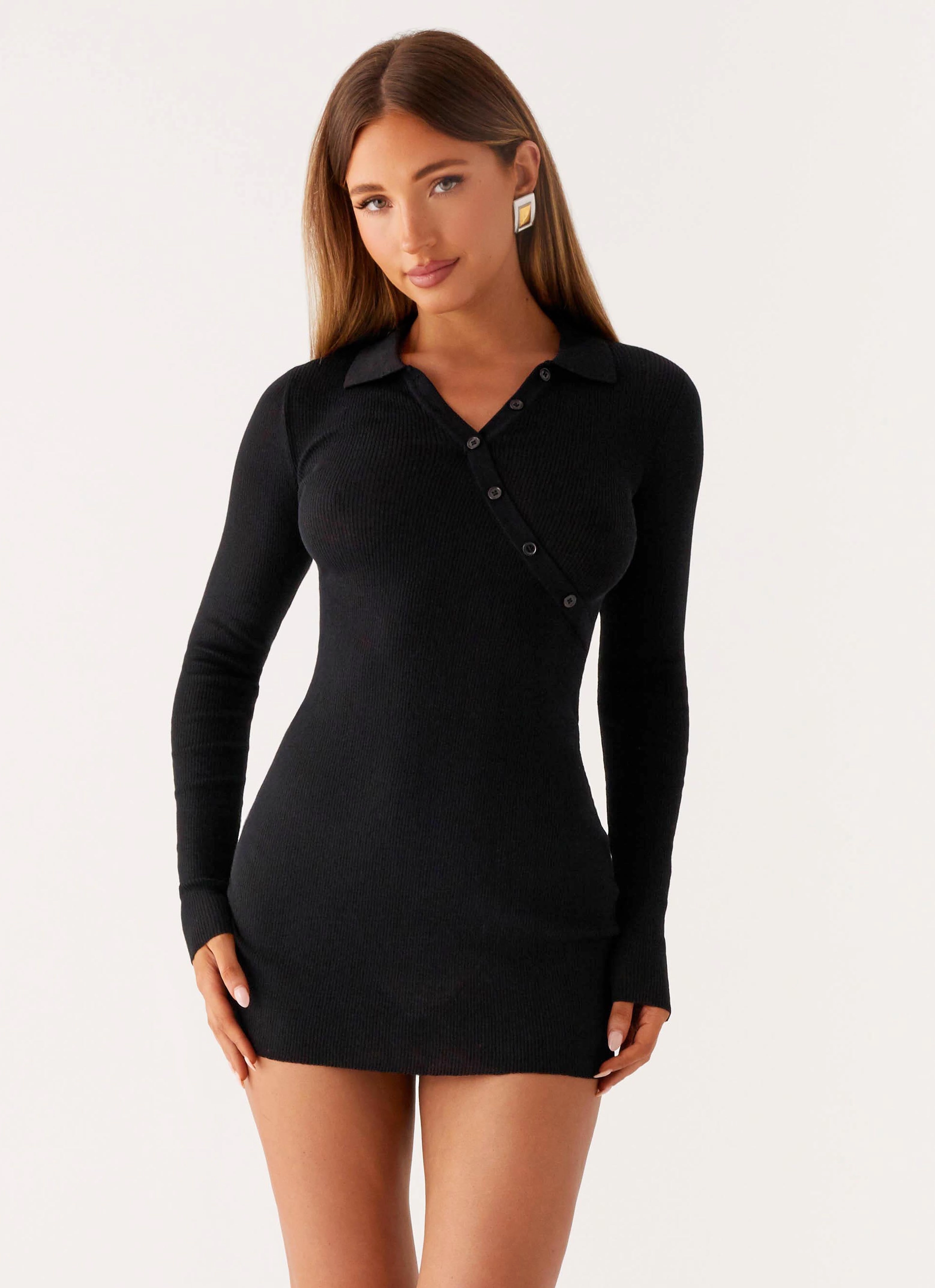 Shiny Zip Off Duty Polo Dress - Black