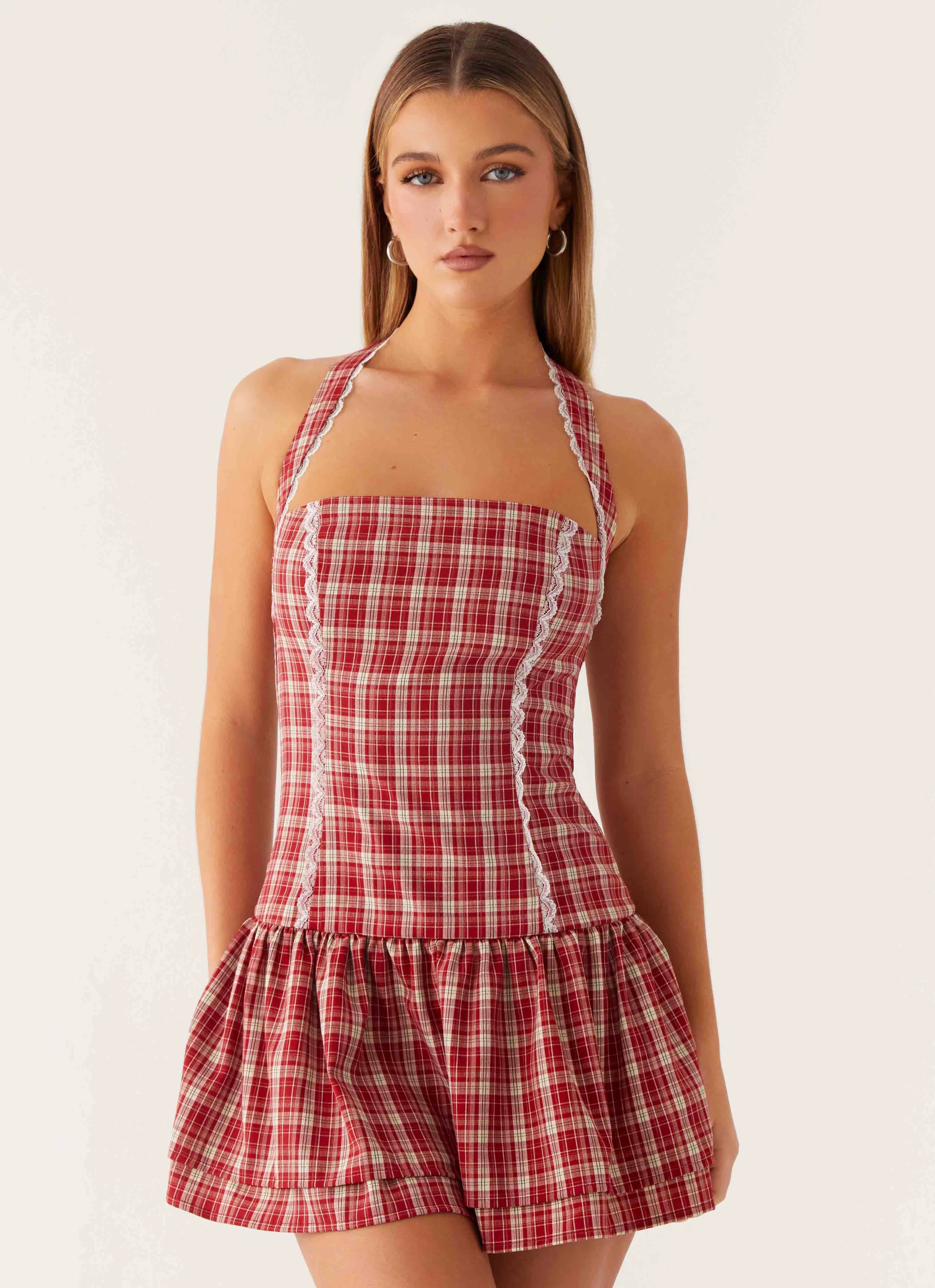 Lotus Dream Mini Dress - Ruby Check Minimal Tone