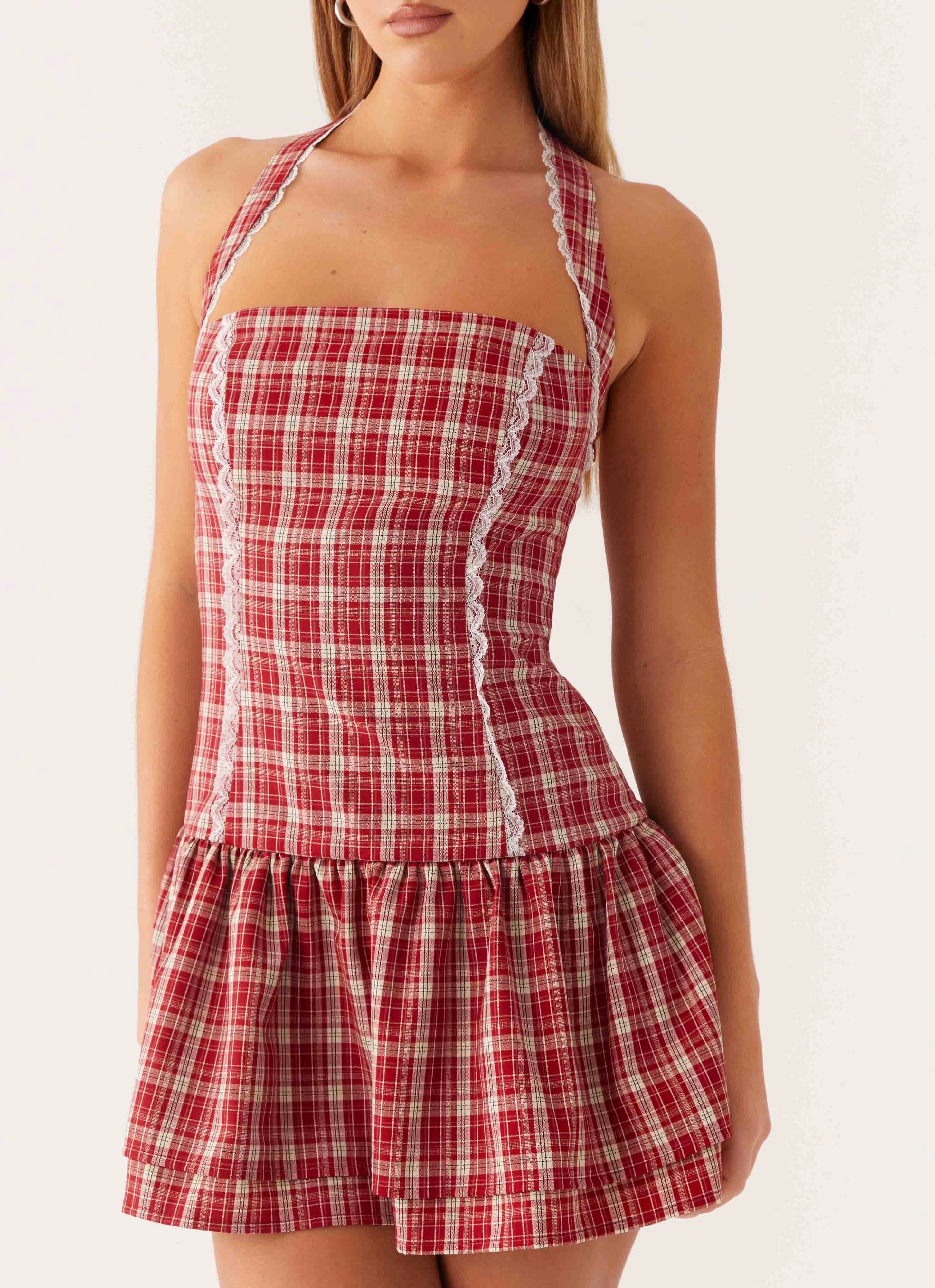 Lotus Dream Mini Dress - Ruby Check Back-Pocket