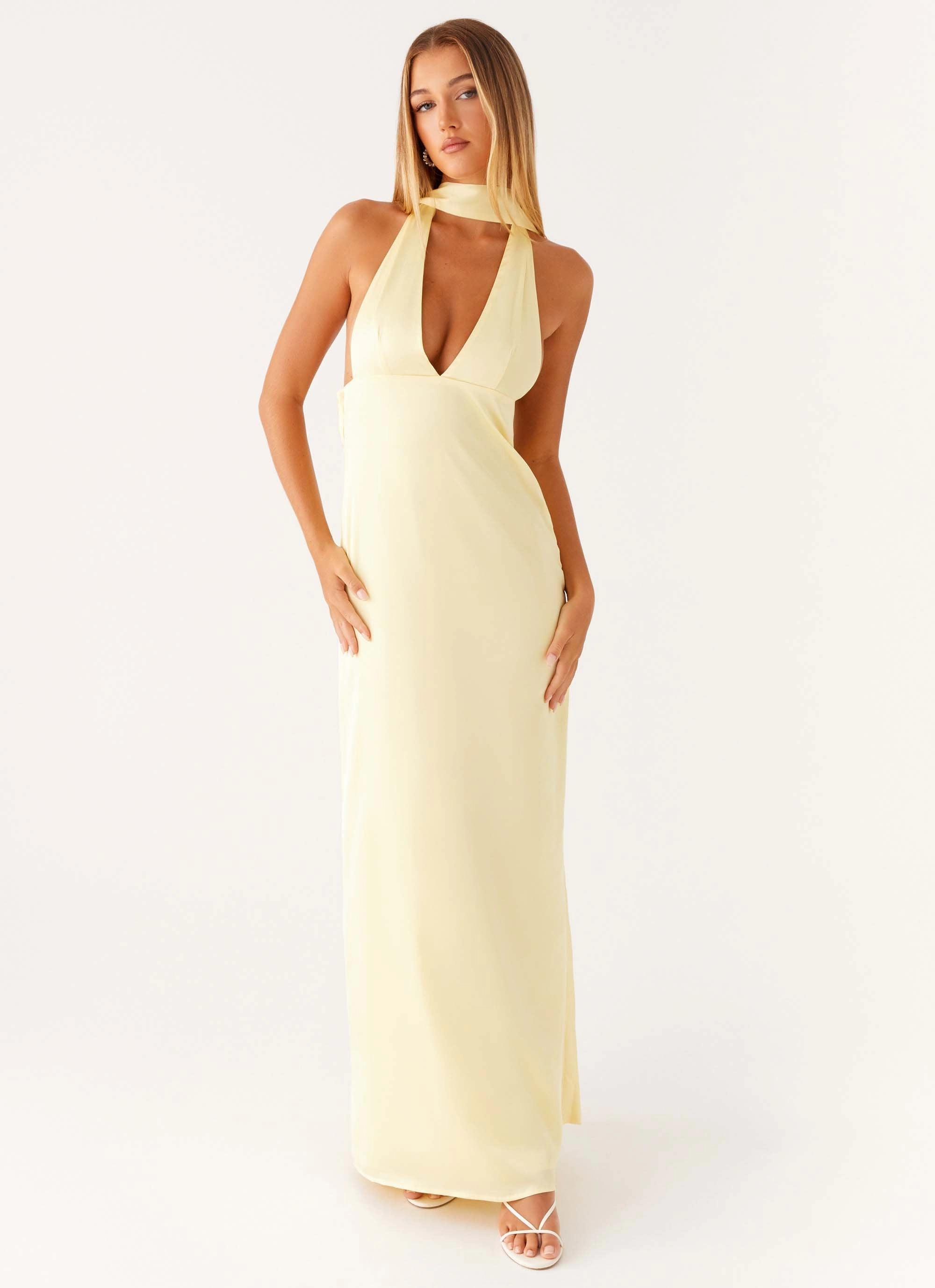 Refined Mood Sleek Design Fit Alicia Satin Halter Maxi Dress - Yellow