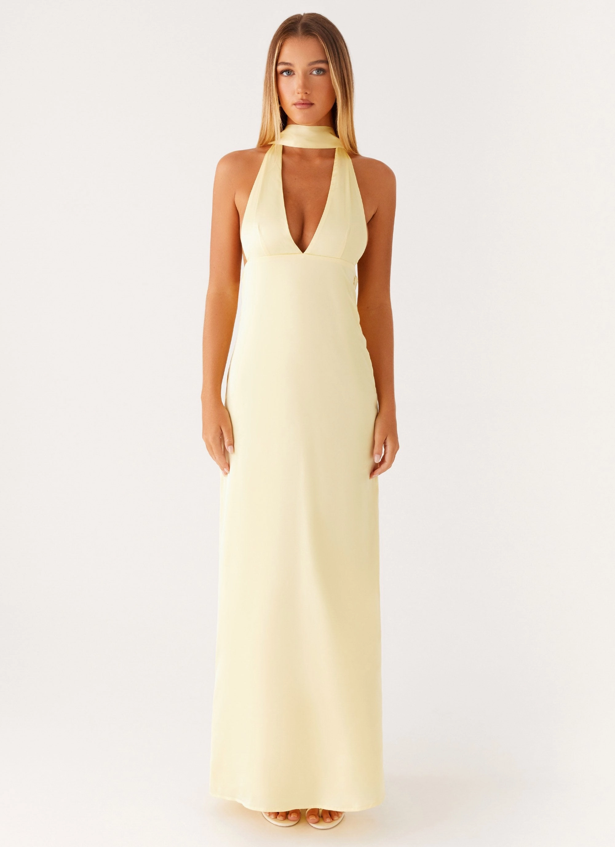 Comfortable shift dress Elegant Silhouette Alicia Satin Halter Maxi Dress - Yellow