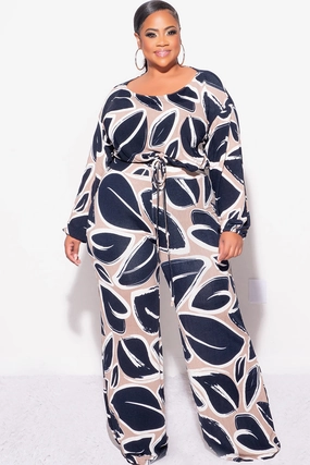 Versatile Layering Functional Design Final Sale Plus Size 2pc Off the Shoulder Knit Loose Fit Crop Tie Top and Palazzo Pants Set in Navy and Tan