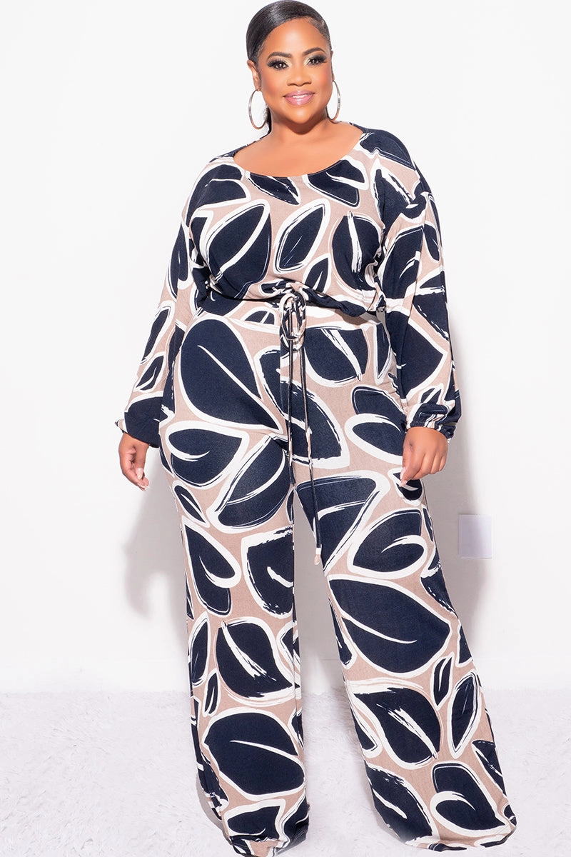 Versatile Layering Functional Design Final Sale Plus Size 2pc Off the Shoulder Knit Loose Fit Crop Tie Top and Palazzo Pants Set in Navy and Tan