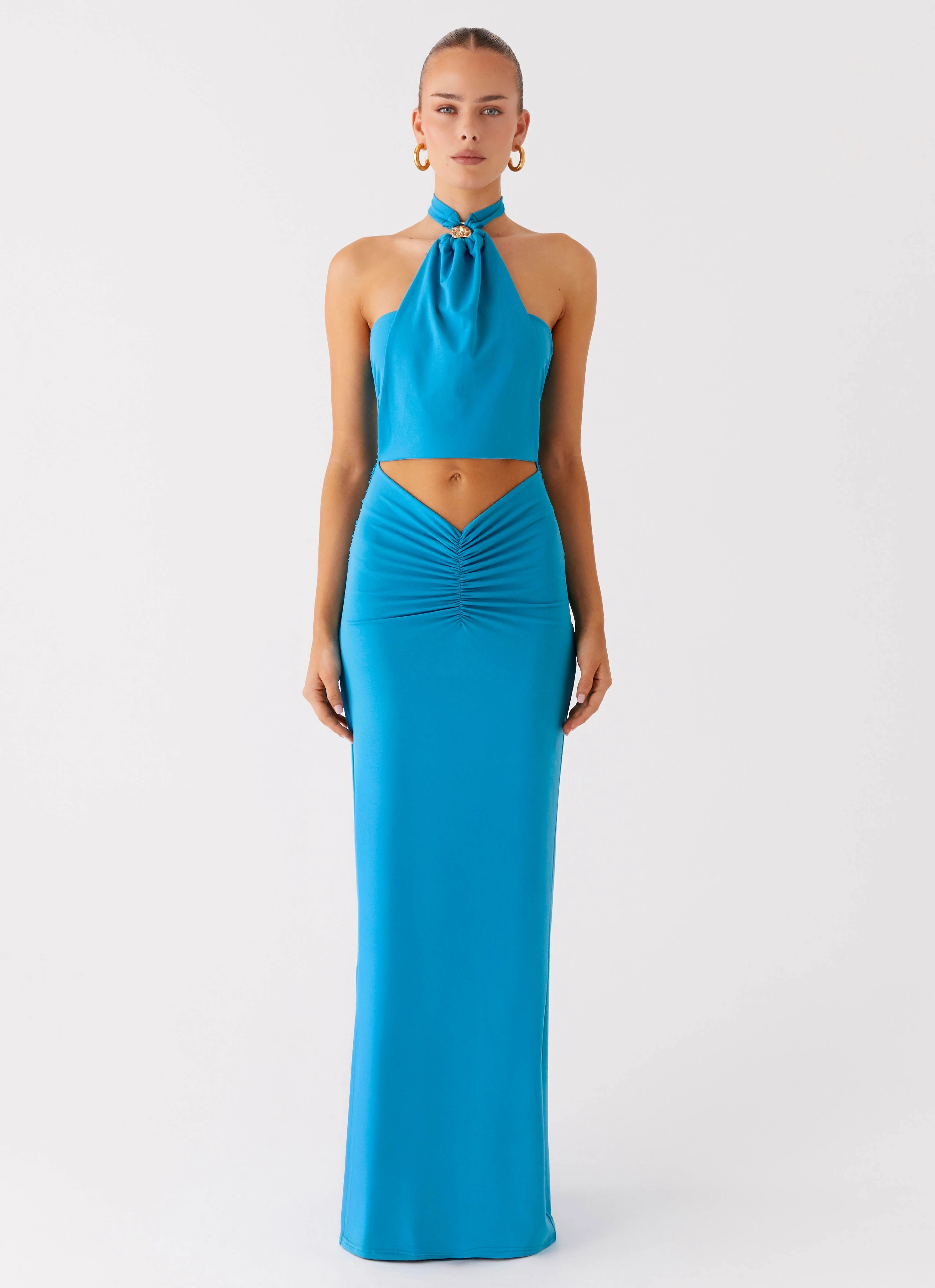 Vibrant Tone Contrasting Detail Chiquita Halter Maxi Dress - Turquoise Blue