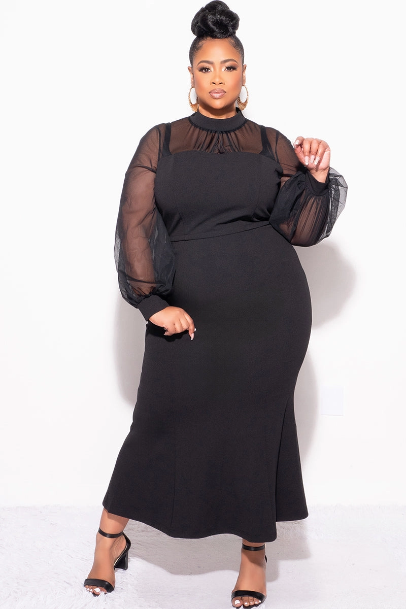 Final Sale Plus Size Sheer Mesh Sleeve & Shoulder 2pc Set in Black NonBindingWaistline