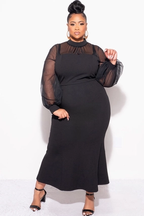 Final Sale Plus Size Sheer Mesh Sleeve & Shoulder 2pc Set in Black NonBindingWaistline