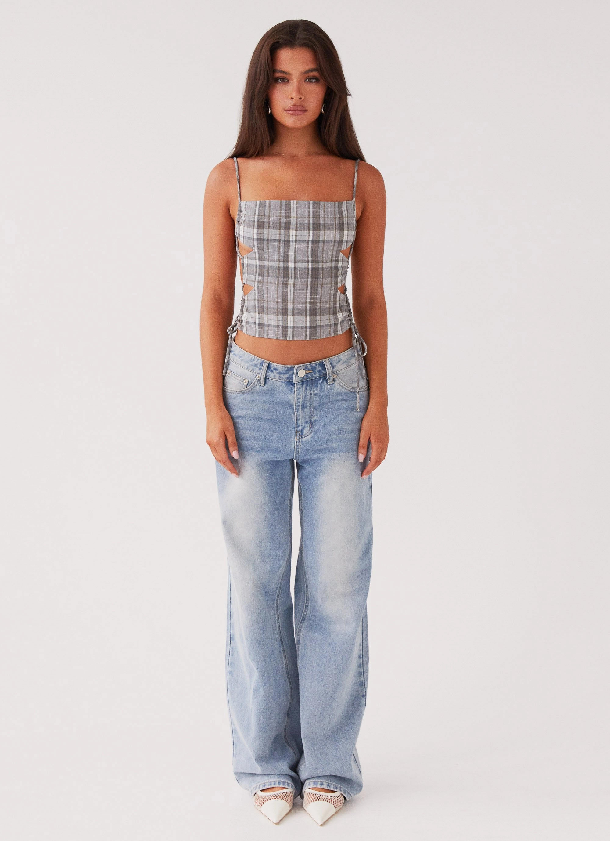 Lightweight Blouse Placket Detailing Trista Tie Top - Grey Tartan