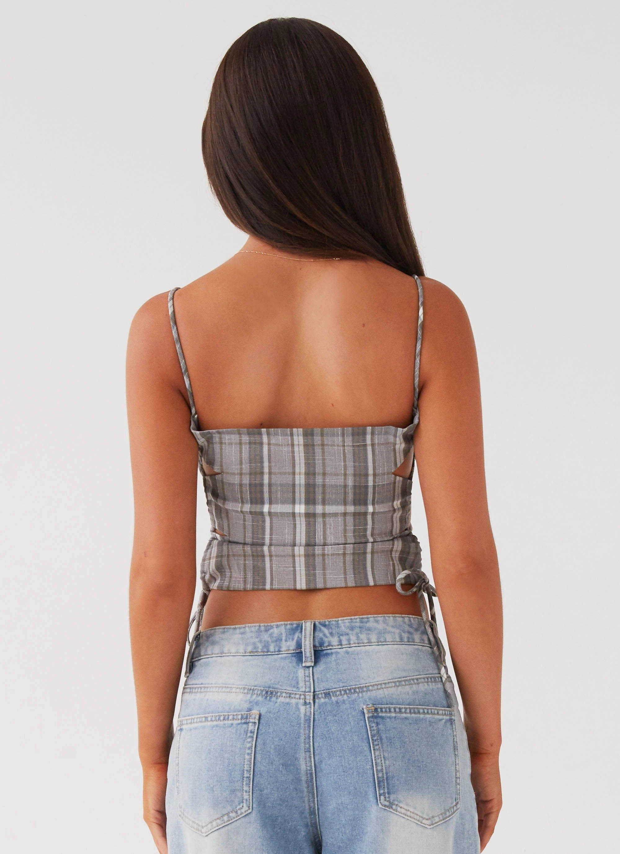 Trista Tie Top - Grey Tartan FlexibleRibbing