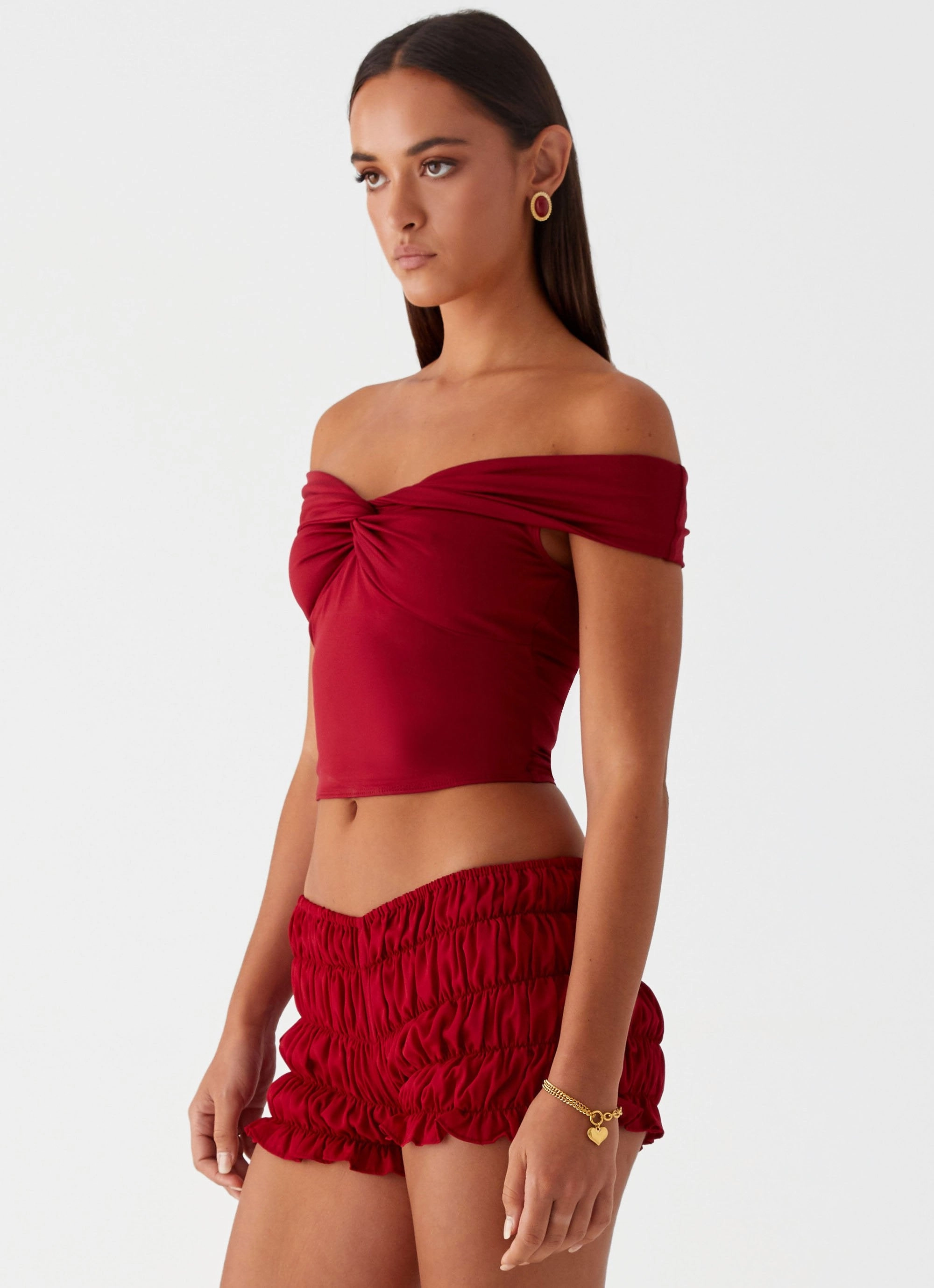 Cold Weather Trixie Twist Off Shoulder Top - Maroon
