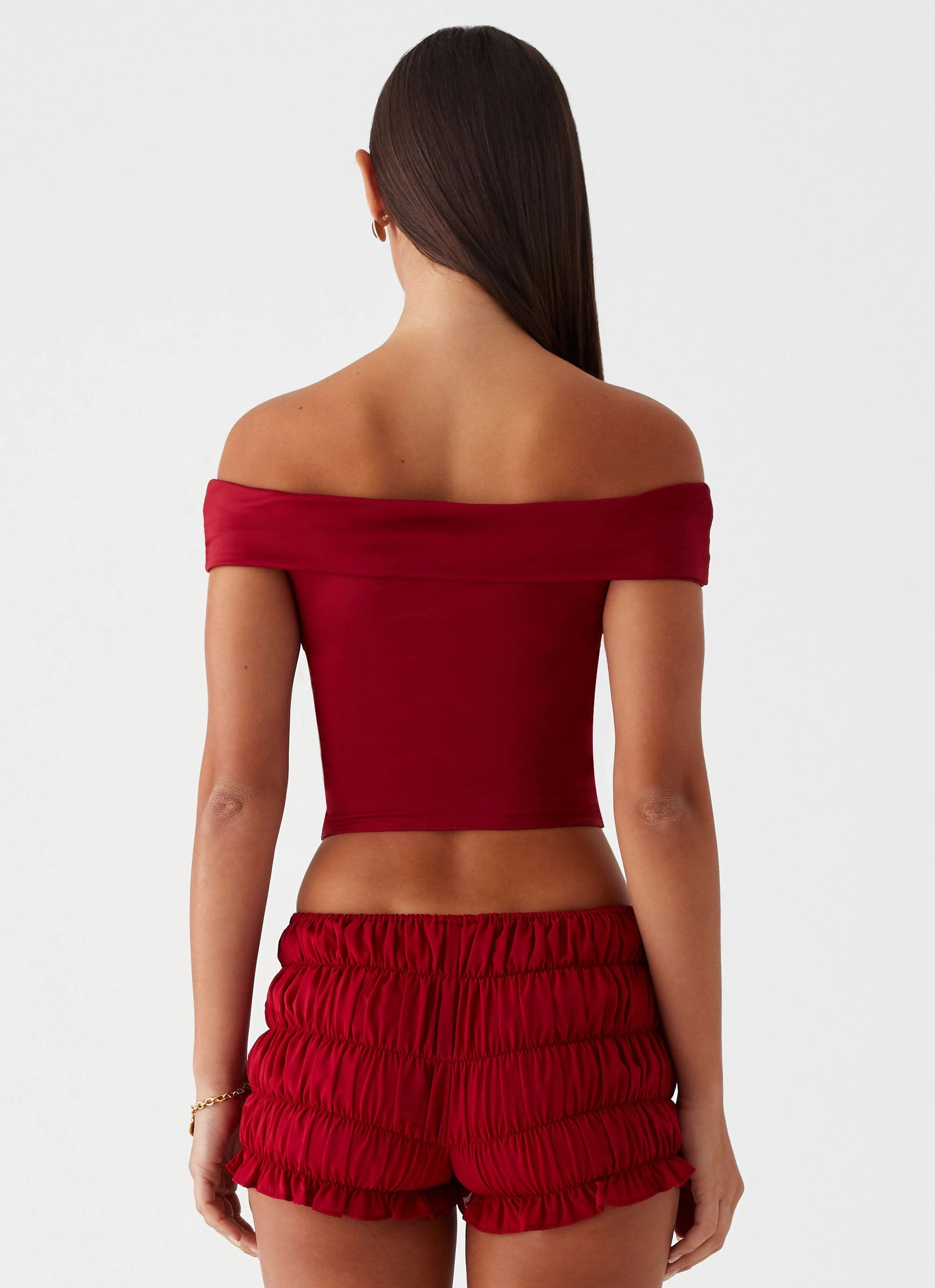 NonChafing Fabric Trixie Twist Off Shoulder Top - Maroon