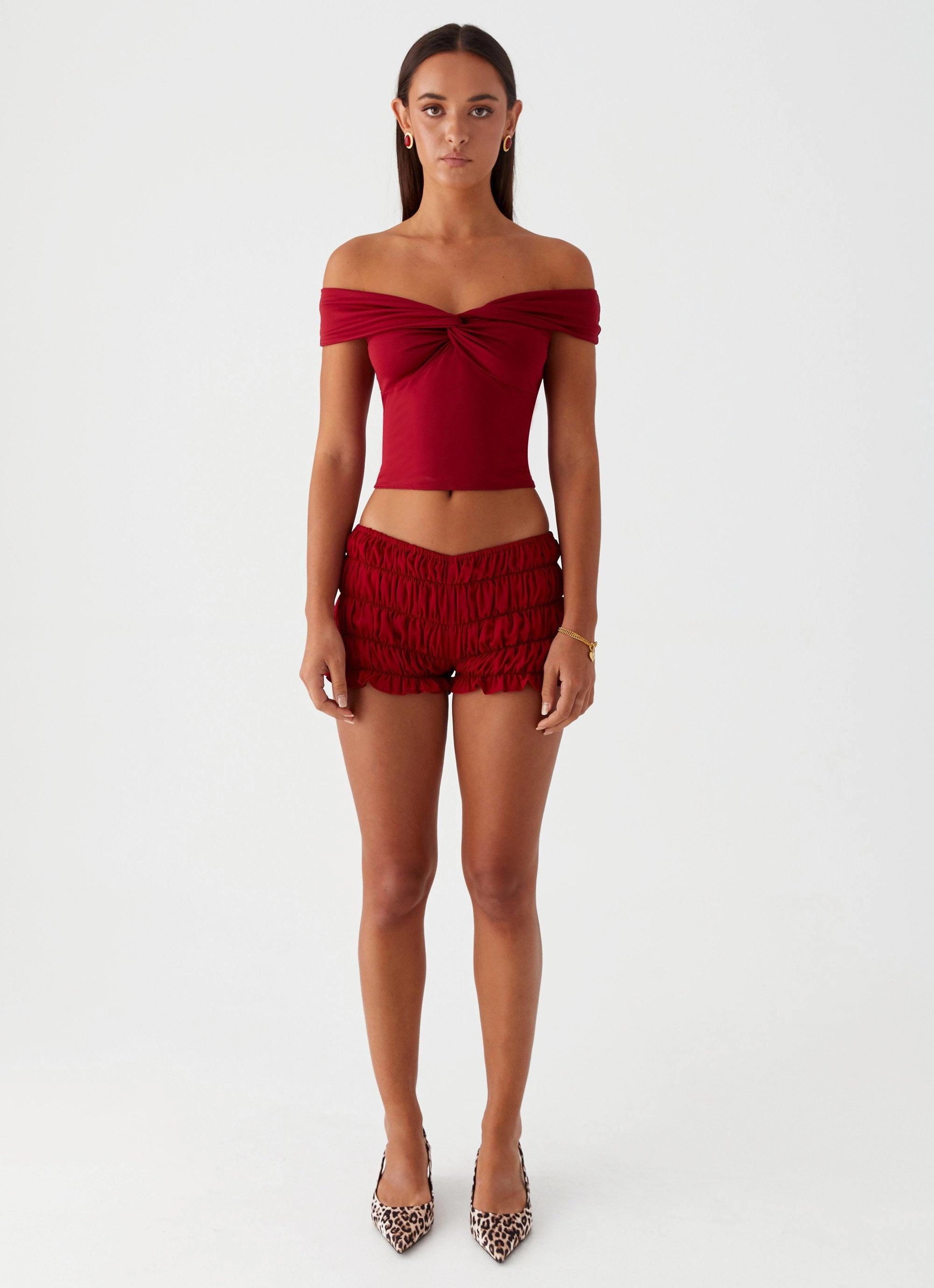 Trixie Twist Off Shoulder Top - Maroon Convertible Neckline HighDensity Knit