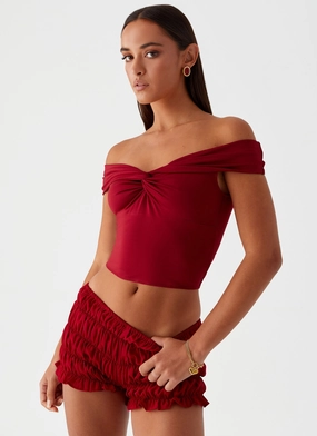 Trixie Twist Off Shoulder Top - Maroon Wear Resistant Edge
