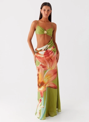 Tropic Rush Cut Out Maxi Dress - Jungle Floral Cocktail Ready Subtle Charm