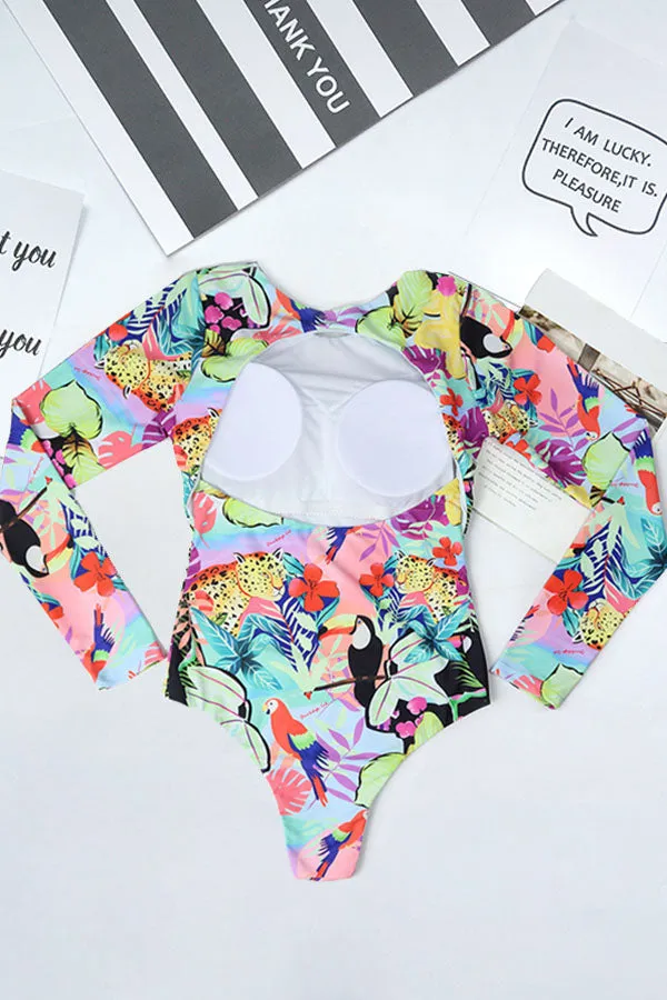 Tropical and Bird Print Backless UPF50  Rash Guard