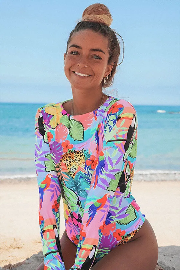 Tropical and Bird Print Backless UPF50  Rash Guard