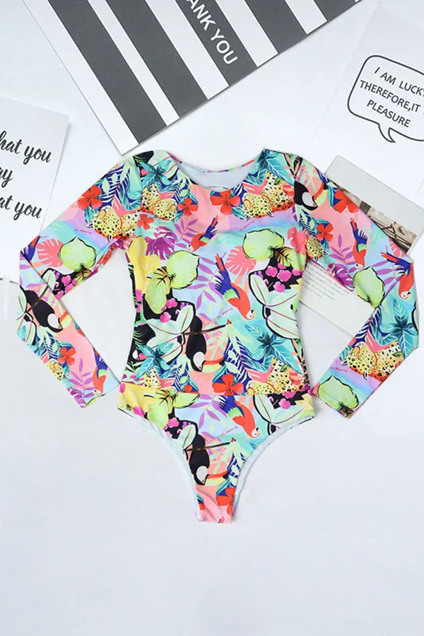 Tropical and Bird Print Backless UPF50  Rash Guard