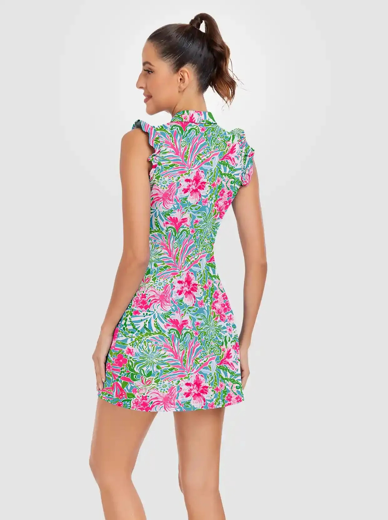 Tropical Floral Ruffled Sleeveless Active Dress With Shorts