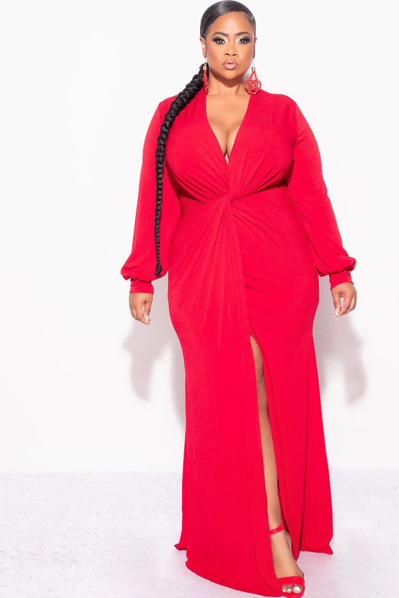 Final Sale Plus Size V-Neck Gown with Twist Front Waist in Red Soft Sweater