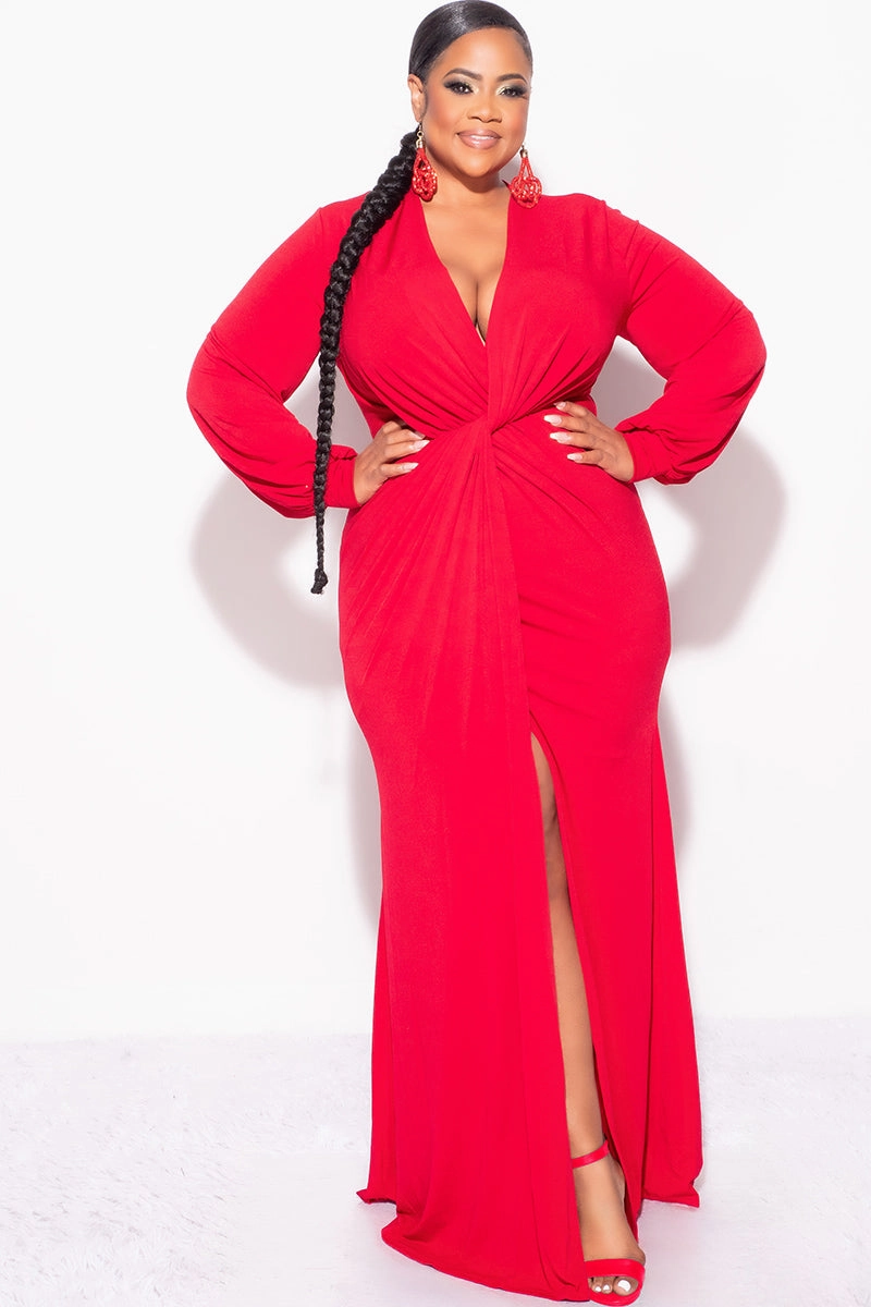 PolyesterBlend ReinforcedStitching Final Sale Plus Size V-Neck Gown with Twist Front Waist in Red