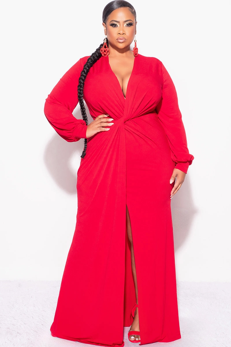 Soft Cotton Blend Contrast Stitching Final Sale Plus Size V-Neck Gown with Twist Front Waist in Red