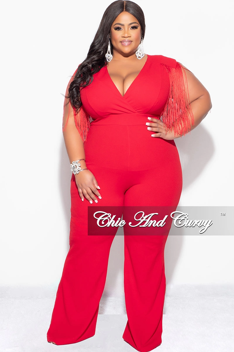Casual Tank Final Sale Plus Size Fringe Shoulder Faux Wrap Jumpsuit Red