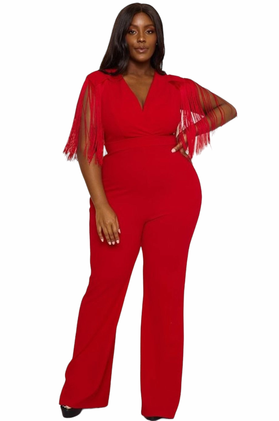 Final Sale Plus Size Fringe Shoulder Faux Wrap Jumpsuit Red HiddenPocket