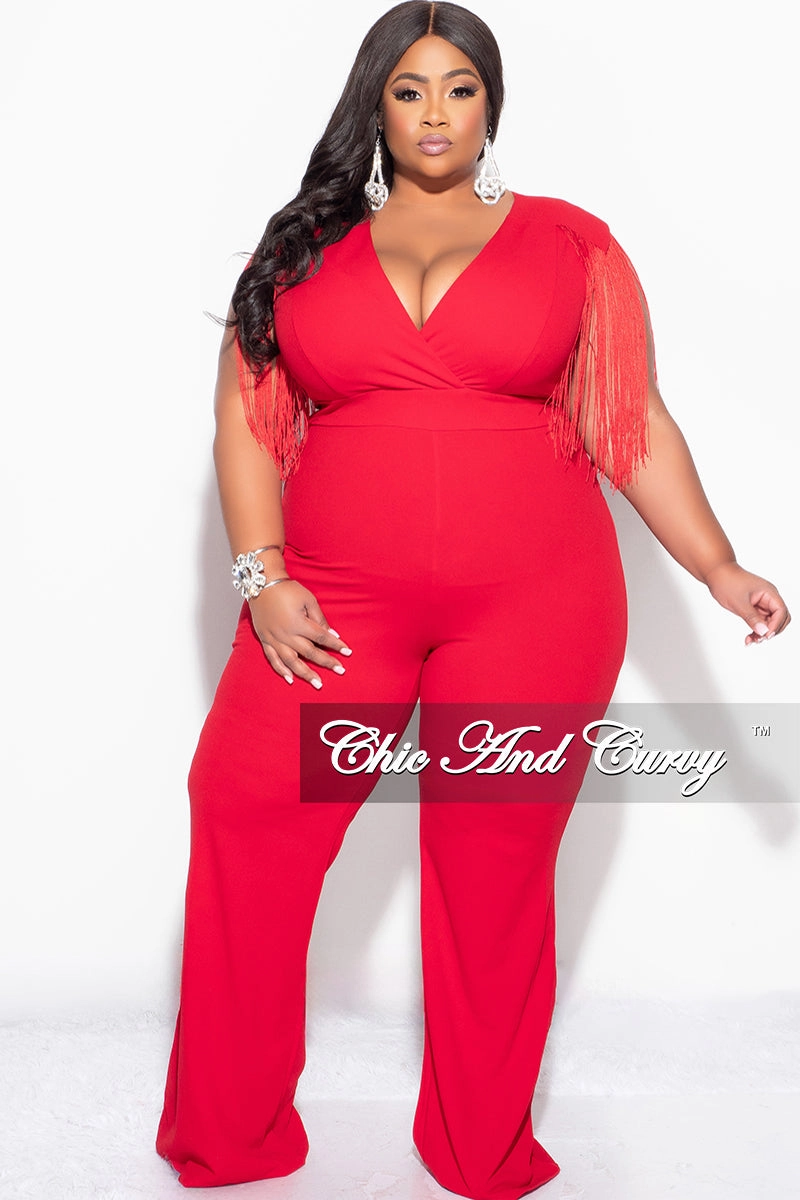 Self Cleaning Coating Sustainable Production Certified Final Sale Plus Size Fringe Shoulder Faux Wrap Jumpsuit Red