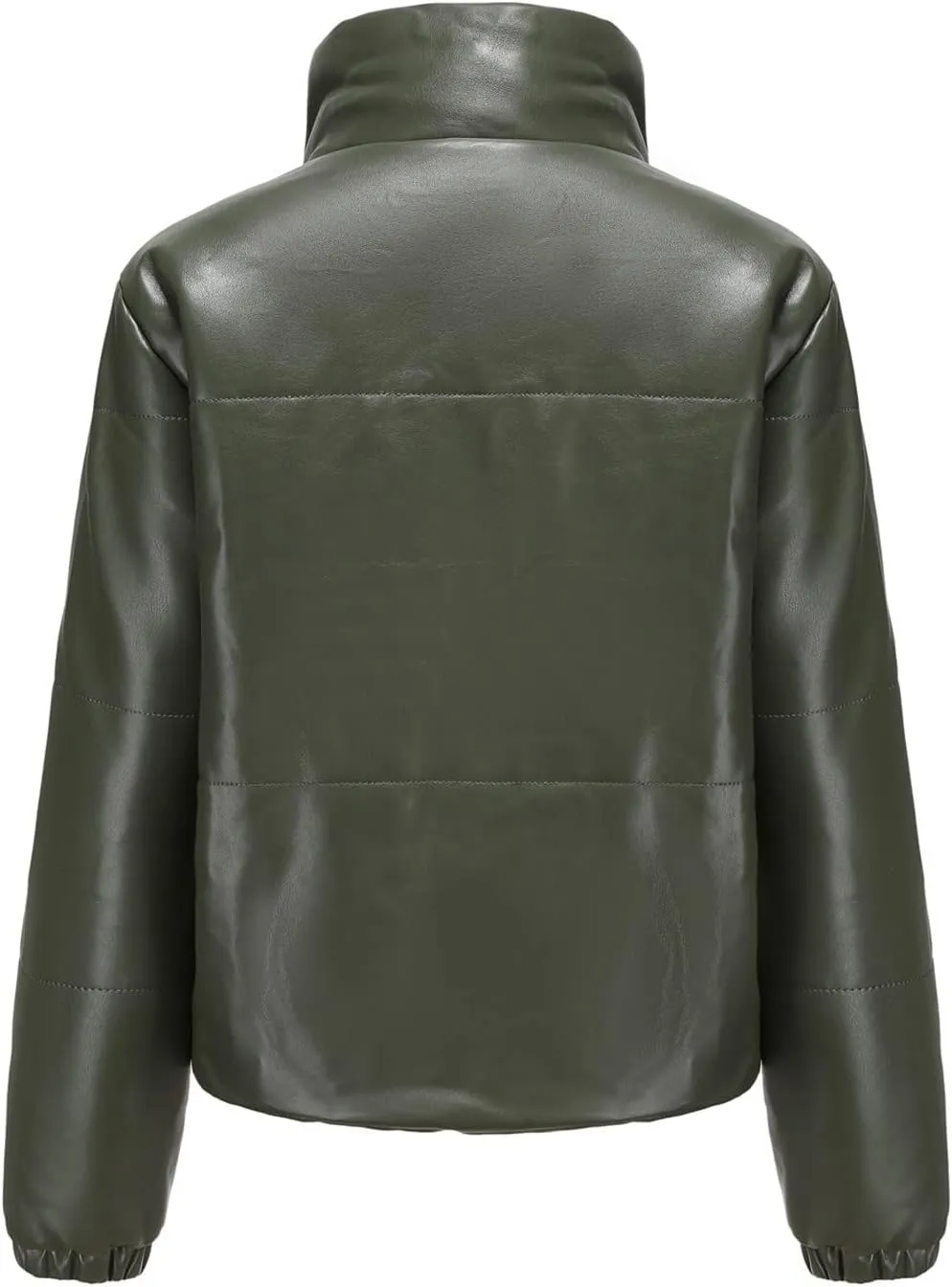 tuduoms Women's Winter Faux Leather Puffer Jacket Warm Stand Collar Padded Down Coat Long Sleeve Cropped Quilted Parka Jacket