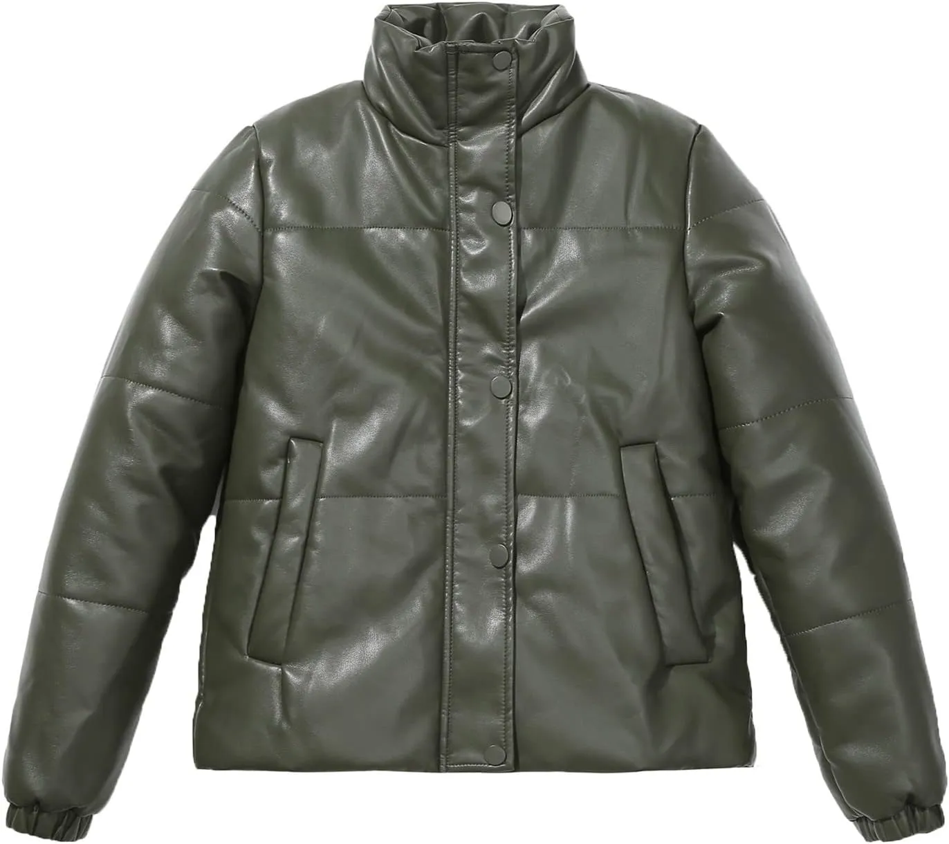 tuduoms Women's Winter Faux Leather Puffer Jacket Warm Stand Collar Padded Down Coat Long Sleeve Cropped Quilted Parka Jacket