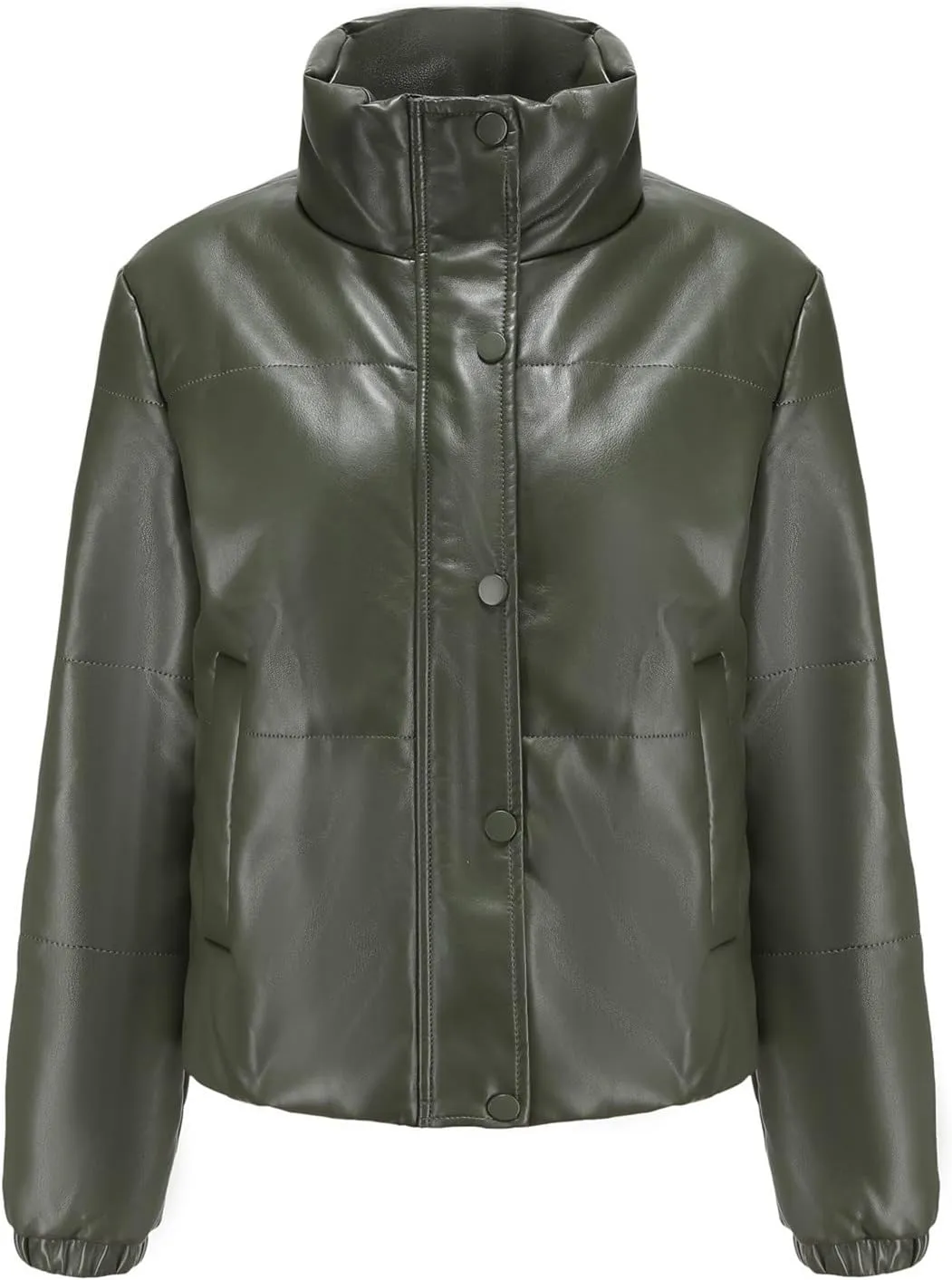 tuduoms Women's Winter Faux Leather Puffer Jacket Warm Stand Collar Padded Down Coat Long Sleeve Cropped Quilted Parka Jacket
