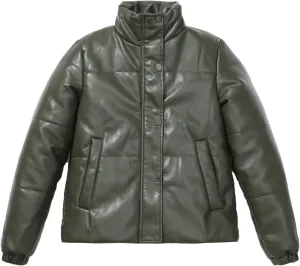 tuduoms Women's Winter Faux Leather Puffer Jacket Warm Stand Collar Padded Down Coat Long Sleeve Cropped Quilted Parka Jacket