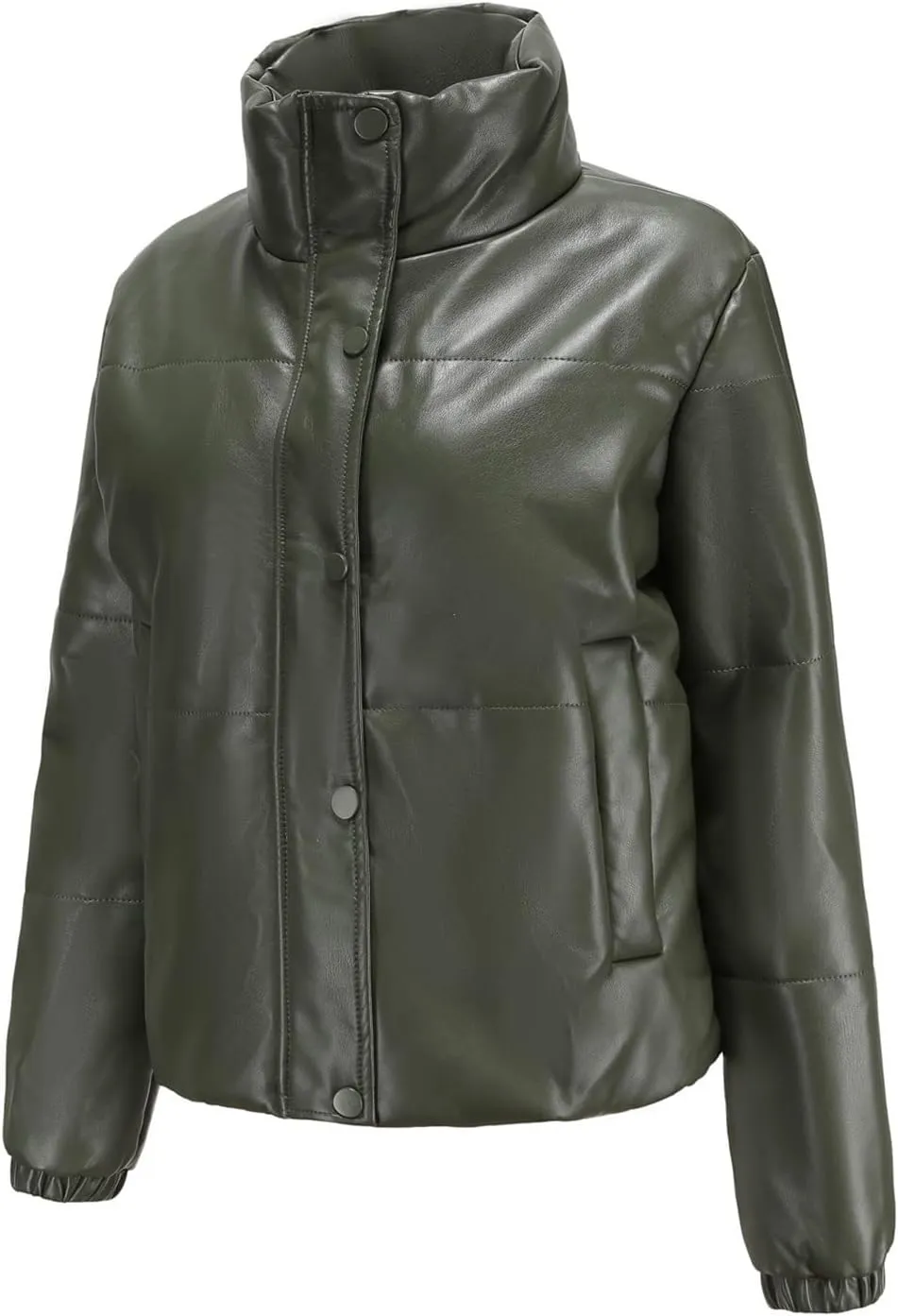 tuduoms Women's Winter Faux Leather Puffer Jacket Warm Stand Collar Padded Down Coat Long Sleeve Cropped Quilted Parka Jacket