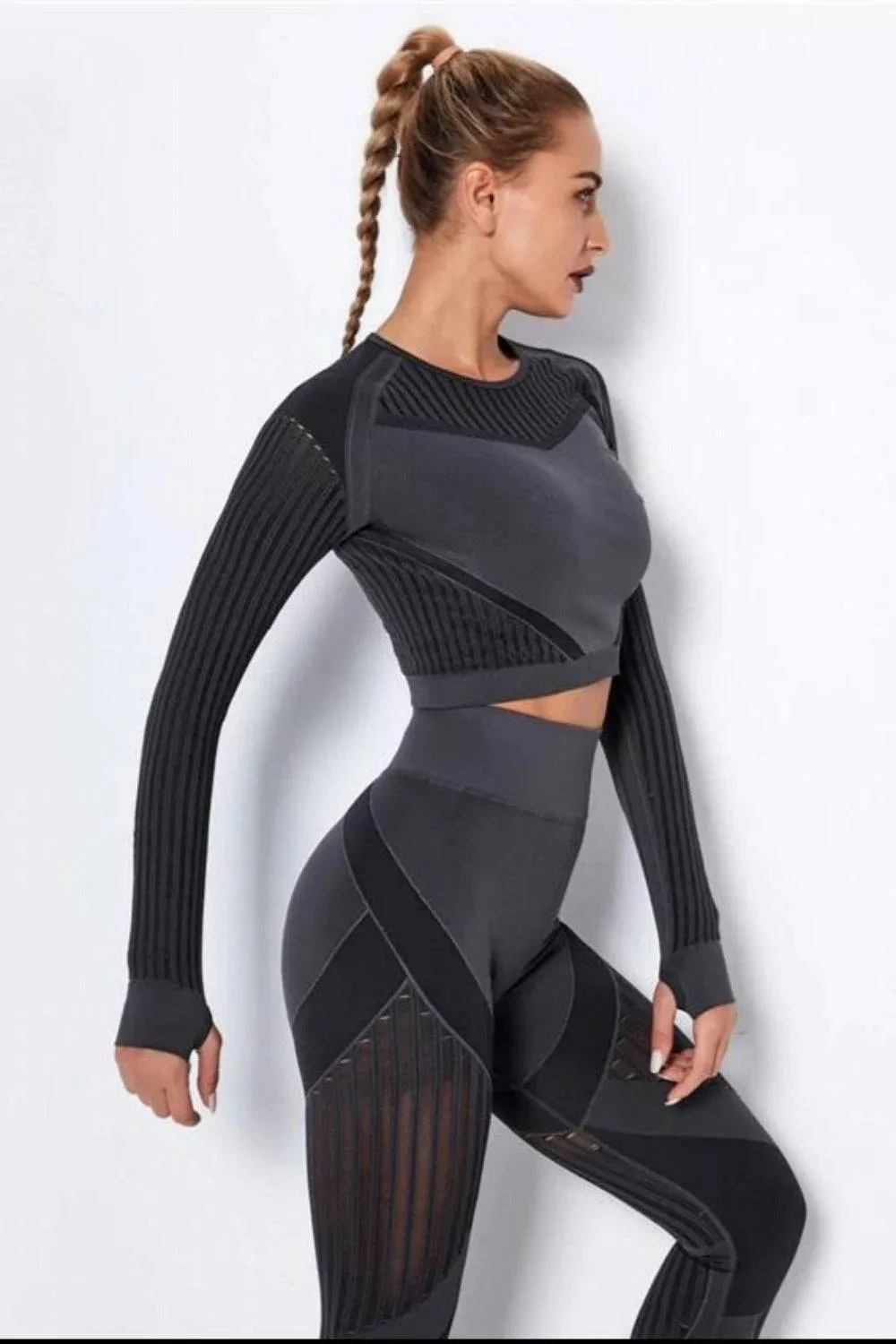 Tummy Control High Waist Seamless  Top And Leggings 2 Piece Set - Black